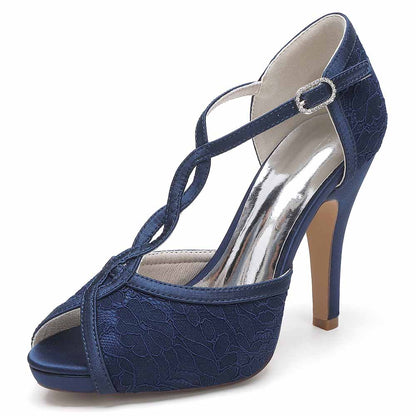 Navy bride lace pumps formal evening with open toe and elegant strap design