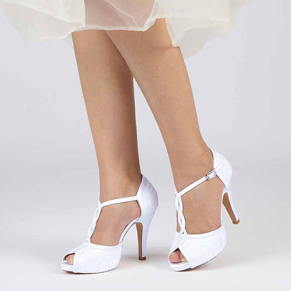 Bride lace pumps formal evening in white with peep toe design and elegant heel