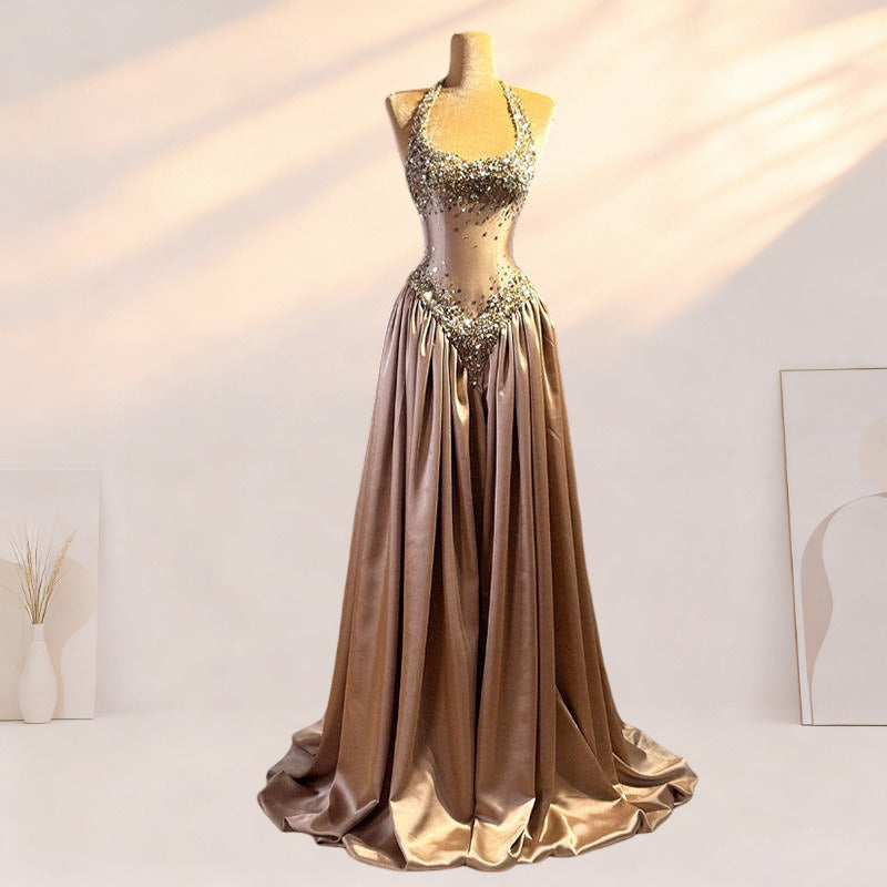 Gold Beaded Bronze Formal Gown Gold Beaded Bronze Formal Gown