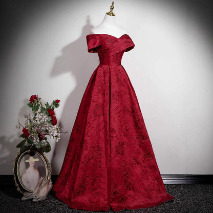 Burgundy Off-Shoulder Jacquard Prom Dress | Floor-Length Formal Gown for Women