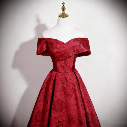 Burgundy Off-Shoulder Jacquard Prom Dress | Floor-Length Formal Gown for Women