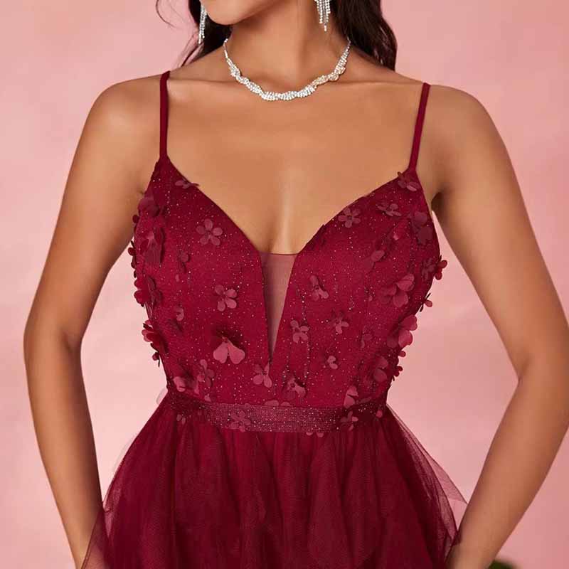 Burgundy Strapless Tulle Evening Gown – Multi Layer Floral High Slit Long Prom Dress