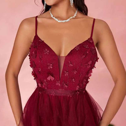 Burgundy Strapless Tulle Evening Gown – Multi Layer Floral High Slit Long Prom Dress