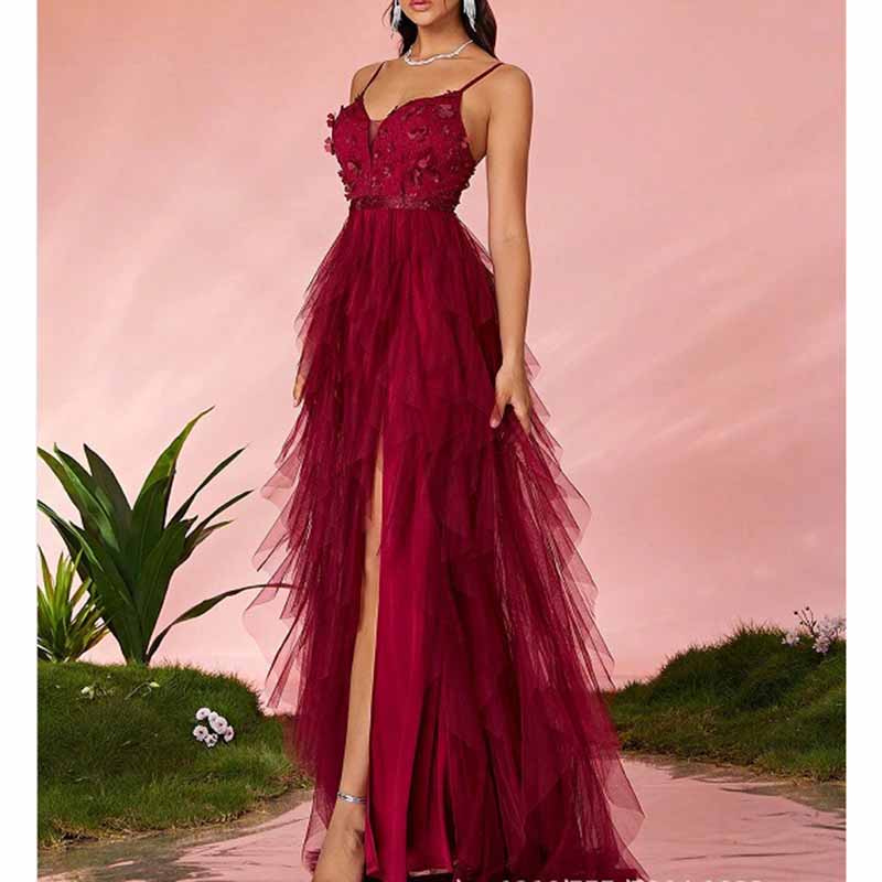 Burgundy Floral Tulle Prom Dress  Strapless High Slit Long Evening Gown   SD Dresscode & Fashiontrends