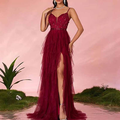 Burgundy Floral Tulle Prom Dress Strapless High Slit Long Evening Gown SD Dresscode & Fashiontrends Burgundy Floral Tulle Prom Dress Strapless High Slit Long Evening Gown SD Dresscode & Fashiontrends