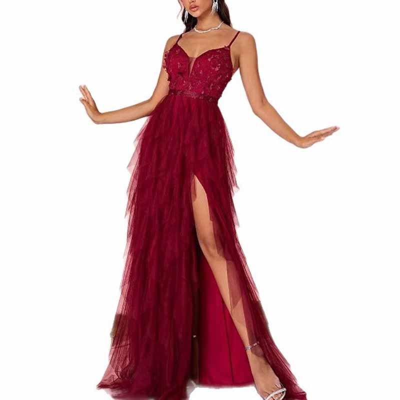 Burgundy Strapless Tulle Evening Gown – Multi Layer Floral High Slit Long Prom Dress