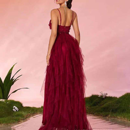 Burgundy Strapless Tulle Evening Gown – Multi Layer Floral High Slit Long Prom Dress