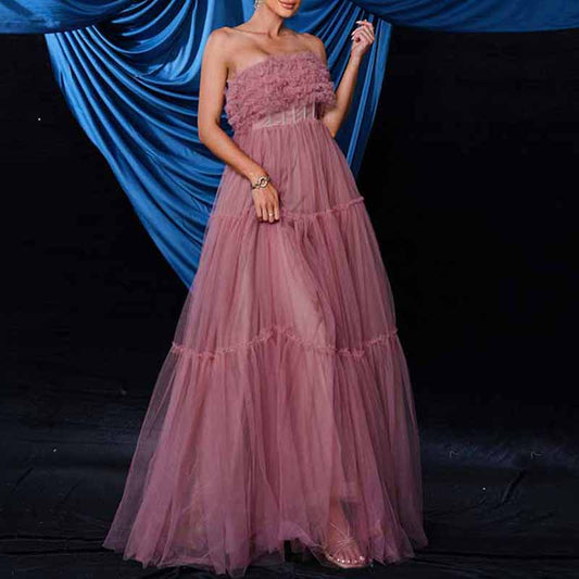 Bustier Long Prom Dress Pink Tulle Long Evening Dress Event Gown