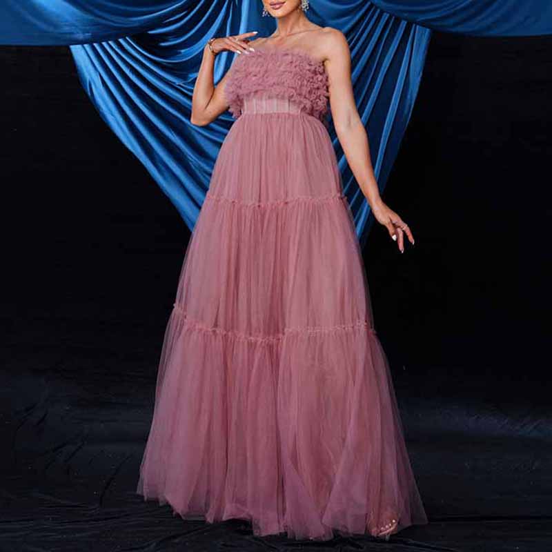 Bustier Long Prom Dress Pink Tulle Long Evening Dress Event Gown