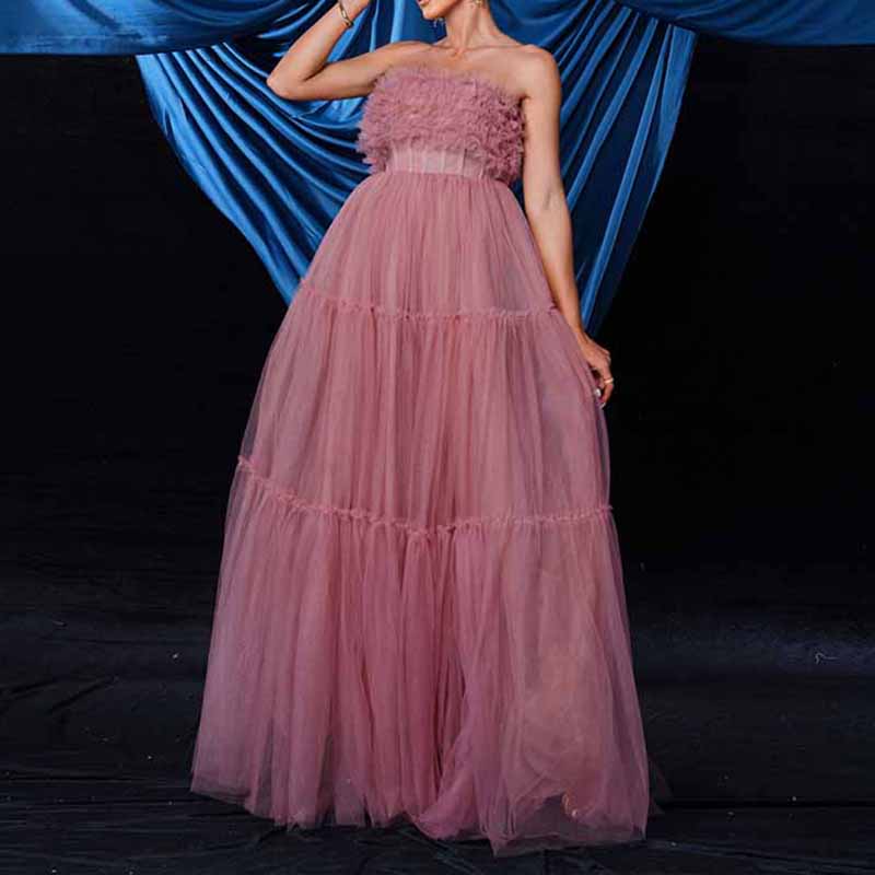 Bustier Long Prom Dress Pink Tulle Long Evening Dress Event Gown