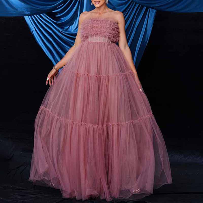 Bustier Long Prom Dress Pink Tulle Long Evening Dress Event Gown