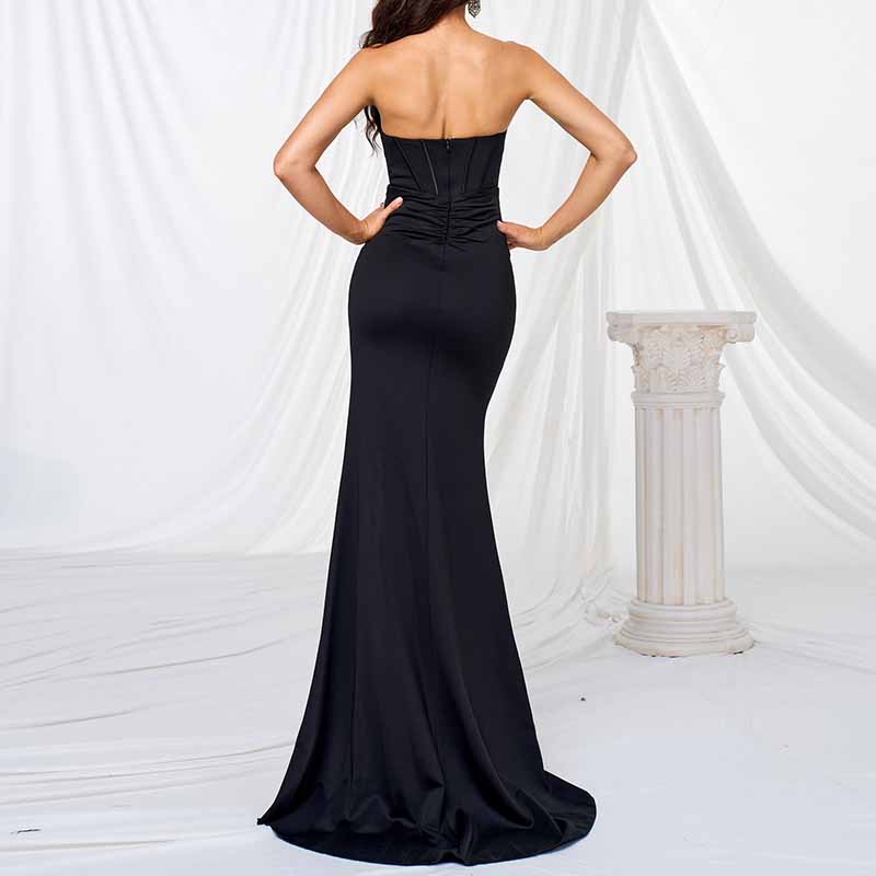 Bustier Satin Long Evening Dress Wrap Bodice Ruched Dress Maxi Dress