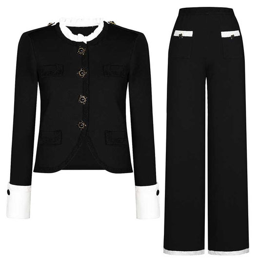 Button-Up Cropped Jacket + Wide-Leg Pantsuit Black Formal Suit