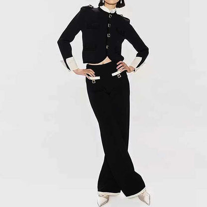 Button-Up Cropped Jacket + Wide-Leg Pantsuit Black Formal Suit