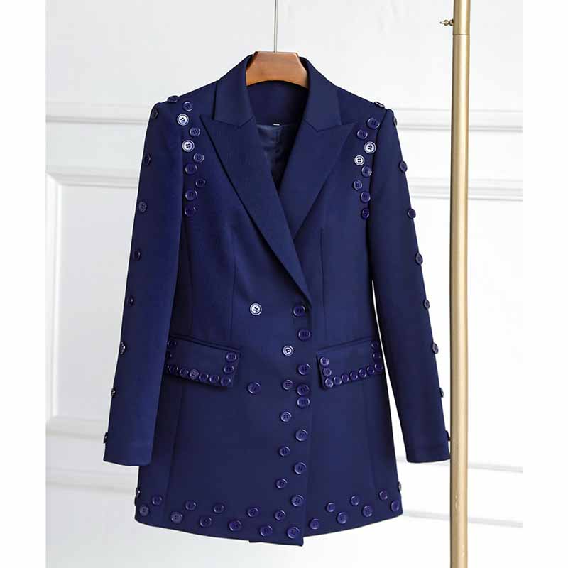 Buttoned Navy Blue Blazer Double Breasted Jacket Elegant Style Coat