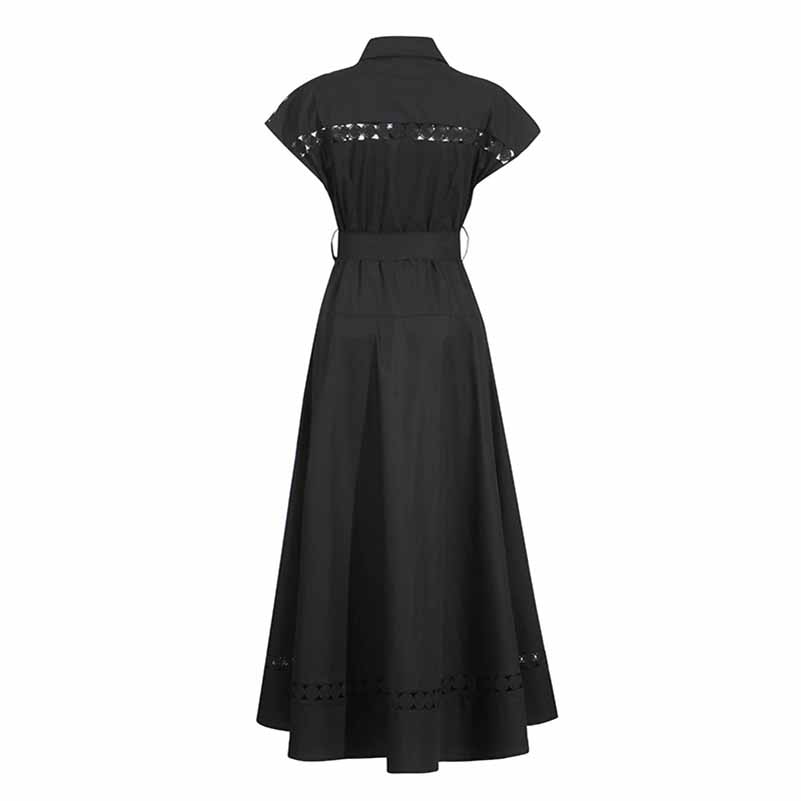 Callared Short Sleeve Hollow Out Midi Dress With Belt