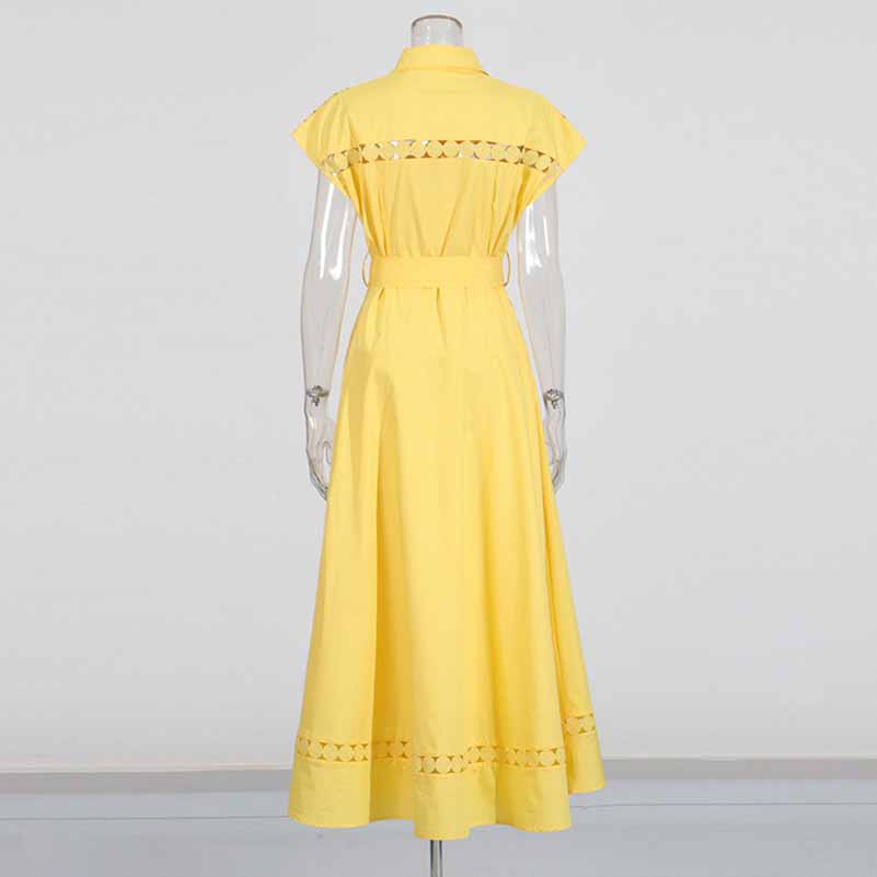 Callared Short Sleeve Hollow Out Midi Dress With Belt