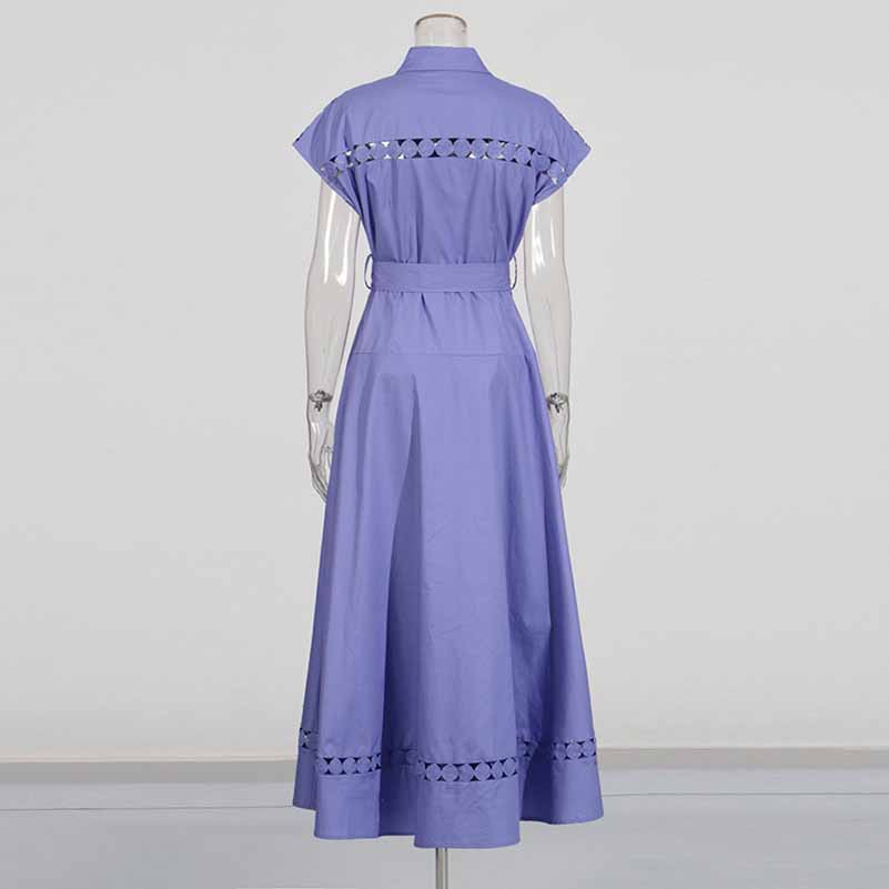 Callared Short Sleeve Hollow Out Midi Dress With Belt