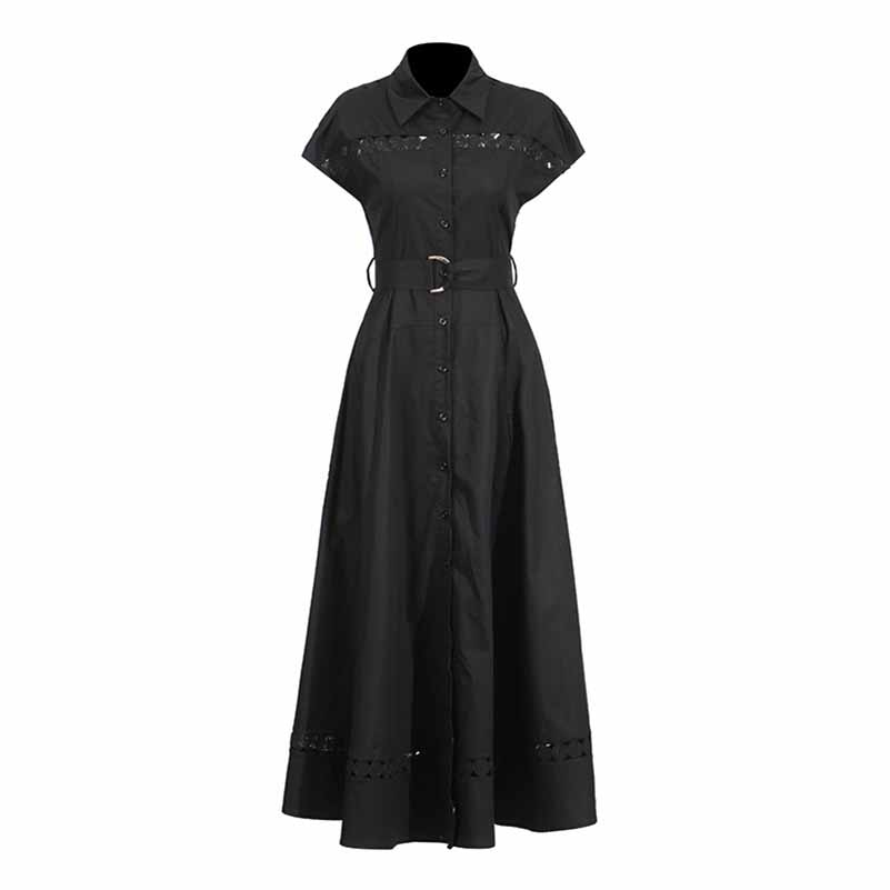 Callared Short Sleeve Hollow Out Midi Dress With Belt