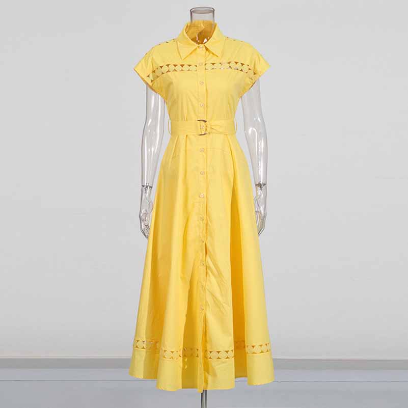 Callared Short Sleeve Hollow Out Midi Dress With Belt