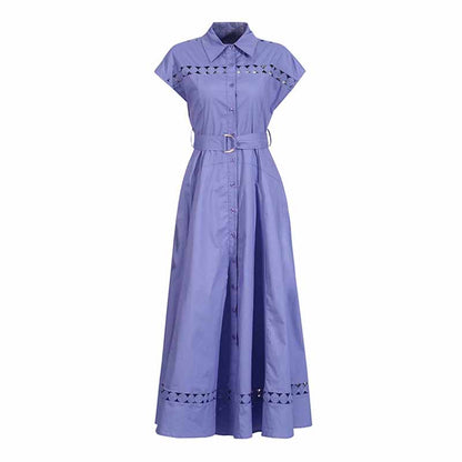 Callared Short Sleeve Hollow Out Midi Dress With Belt