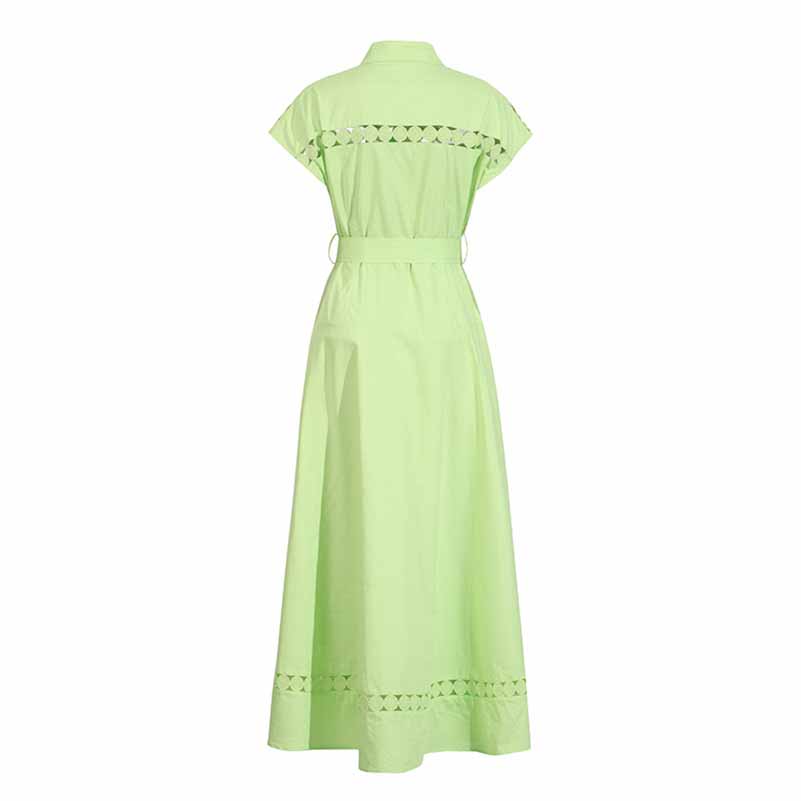 Callared Short Sleeve Hollow Out Midi Dress With Belt