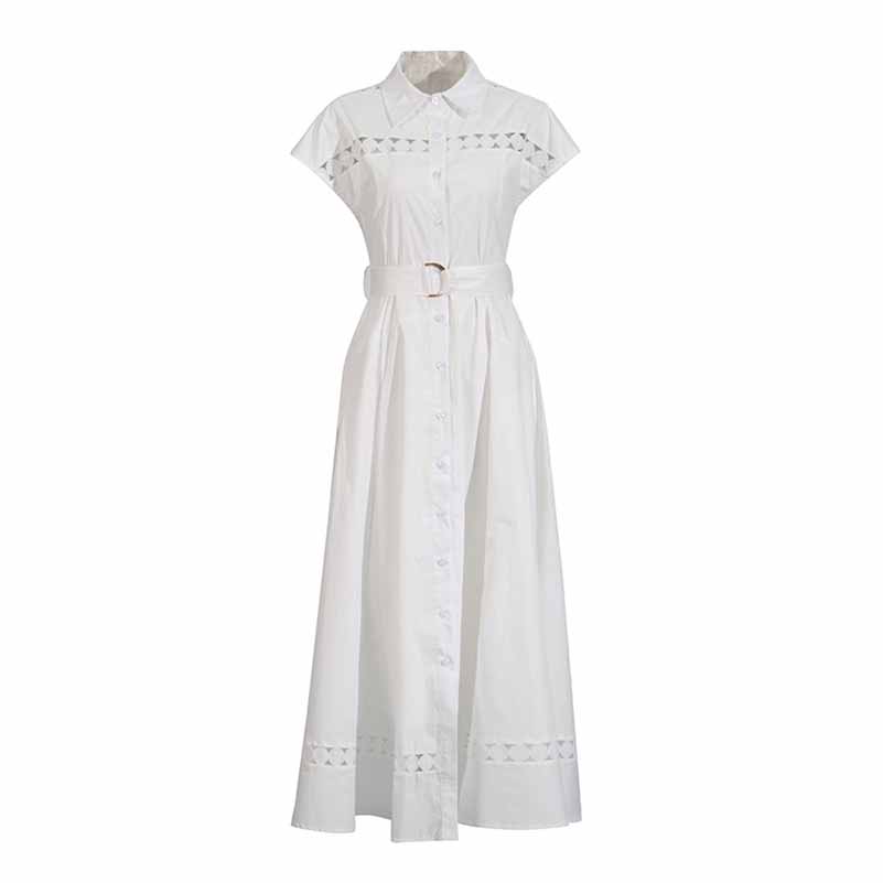 Callared Short Sleeve Hollow Out Midi Dress With Belt