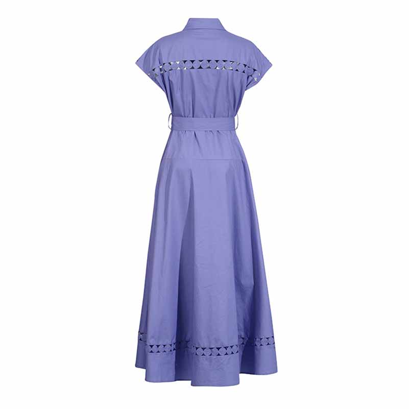 Callared Short Sleeve Hollow Out Midi Dress With Belt