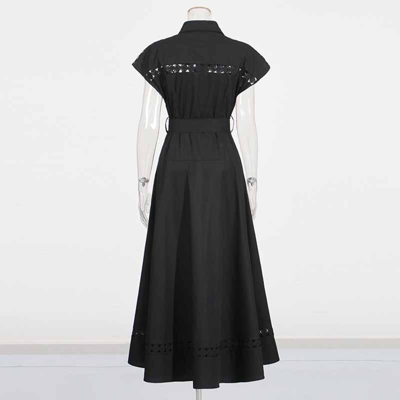 Callared Short Sleeve Hollow Out Midi Dress With Belt