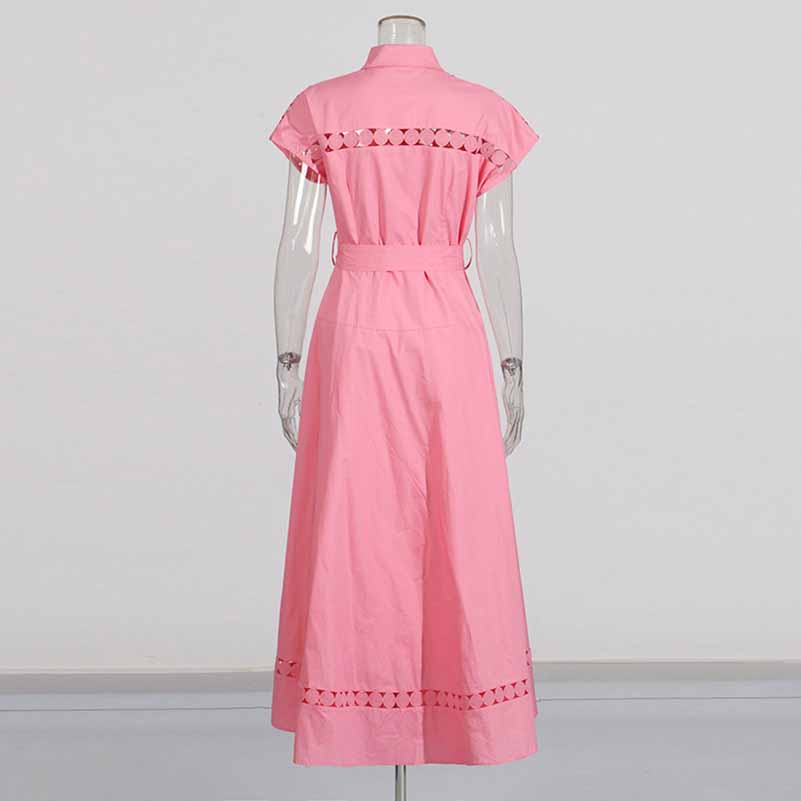 Callared Short Sleeve Hollow Out Midi Dress With Belt