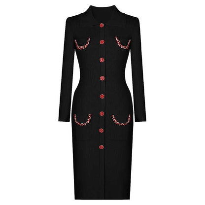 Collared Long Sleeves Knitted Midi Dress With Beaded Trim and Buttoms