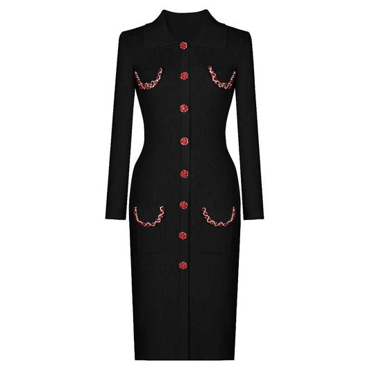 Collared Long Sleeves Knitted Midi Dress With Beaded Trim and Buttoms