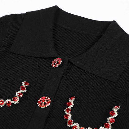 Collared Long Sleeves Knitted Midi Dress With Beaded Trim and Buttoms