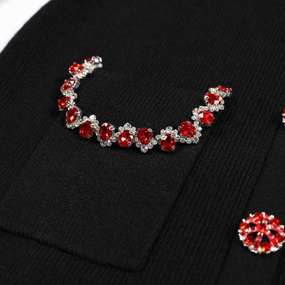 Collared Long Sleeves Knitted Midi Dress With Beaded Trim and Buttoms