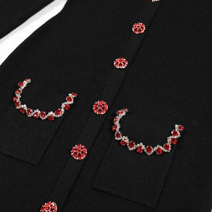 Collared Long Sleeves Knitted Midi Dress With Beaded Trim and Buttoms