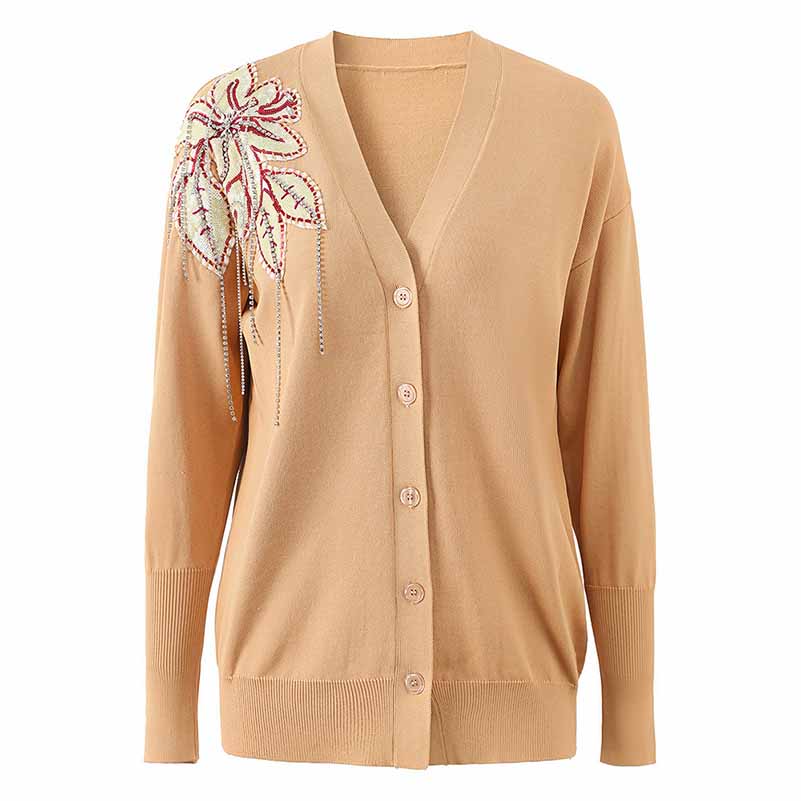 Camel Floral Sequin Beaded Coat Embroidered Button Up Detail Cardigan