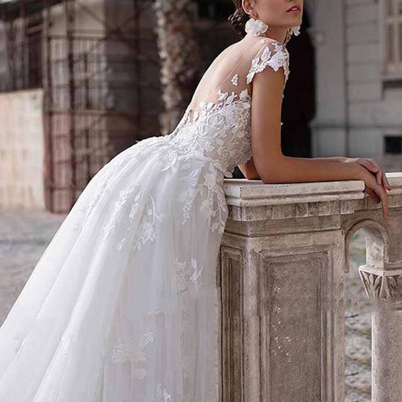 Cap Sleeves Floral lace Aline Women Bridal Ball Gown with Train Wedding Dress