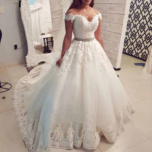 Cap Sleeves Wedding Dresses Off Shoulder Lace Applique A-line Gowns With Crystal Belt