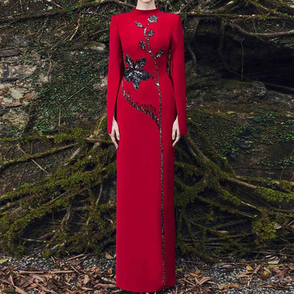 Cape Sleeve Red Sequin Beaded O-neck Long Sleeve Maxi Dress
