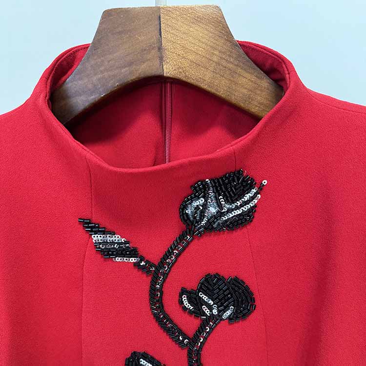 Cape Sleeve Red Sequin Beaded O-neck Long Sleeve Maxi Dress