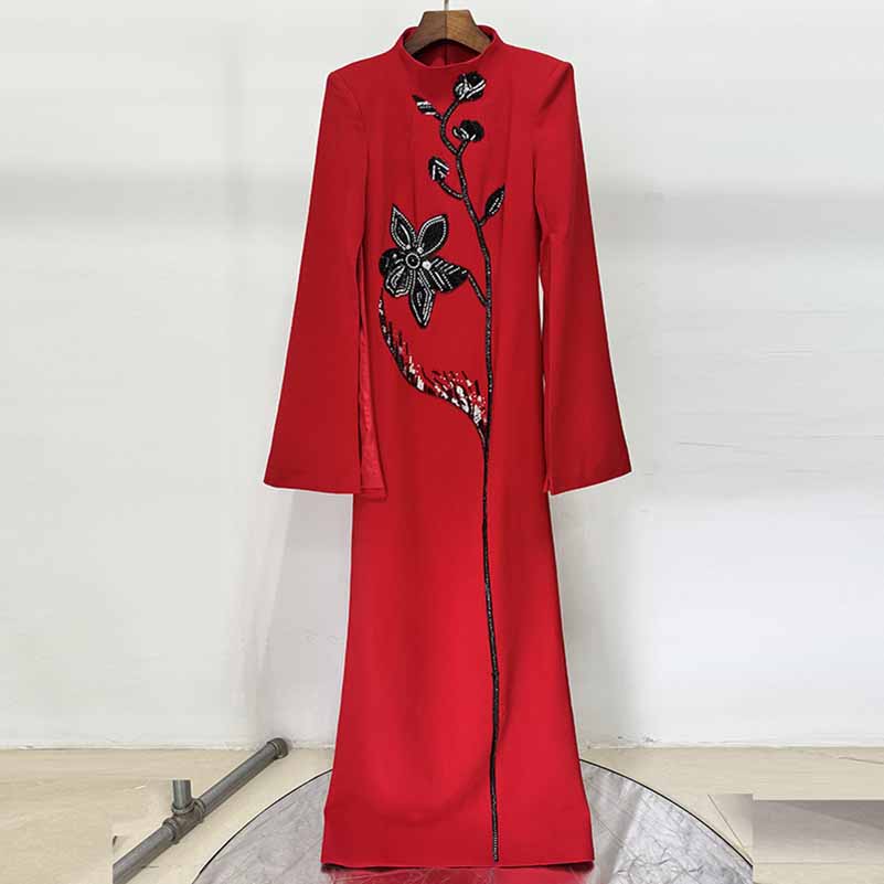 Cape Sleeve Red Sequin Beaded O-neck Long Sleeve Maxi Dress