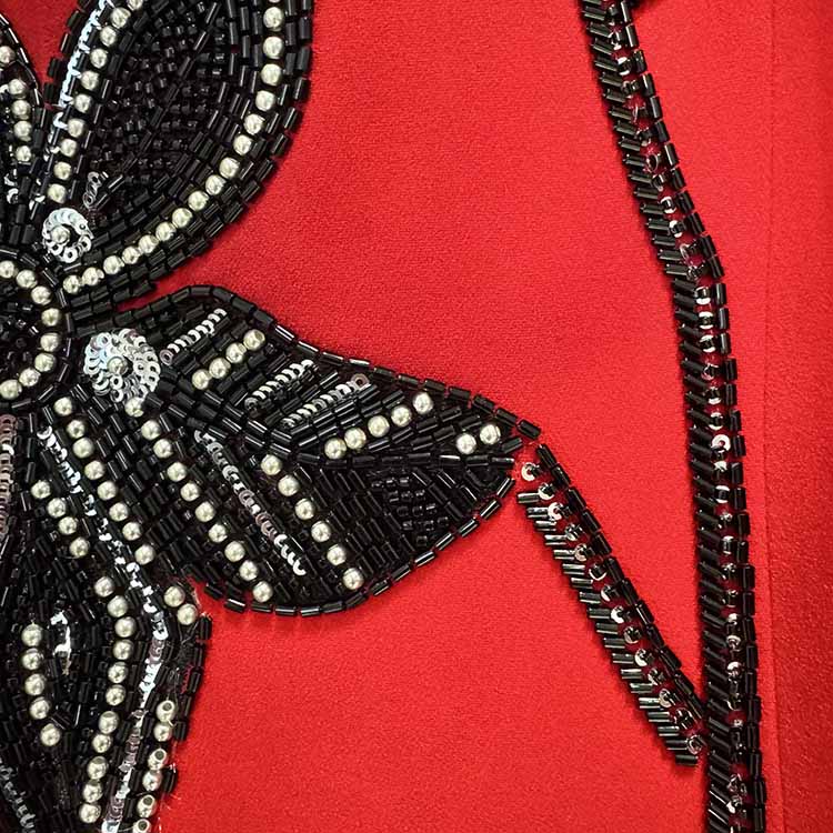 Cape Sleeve Red Sequin Beaded O-neck Long Sleeve Maxi Dress