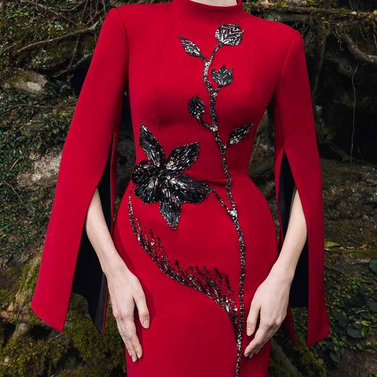 Cape Sleeve Red Sequin Beaded O-neck Long Sleeve Maxi Dress