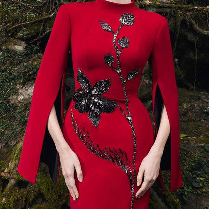 Cape Sleeve Red Sequin Beaded O-neck Long Sleeve Maxi Dress