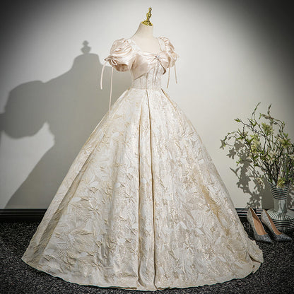 Champagne Off Shoulder Prom Dress with Puff Sleeves | Corset Lace Up Formal Gown with Big Bow