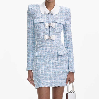 Check Knit Mini Dress Long Sleeve Slim Fit Short Dress