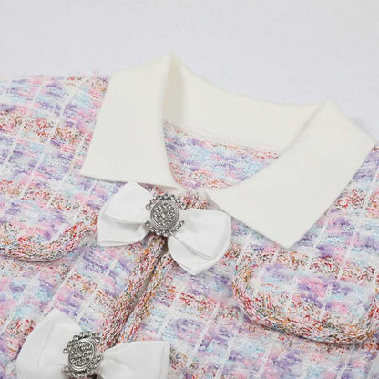 Check Knit Mini Dress Long Sleeve Slim Fit Short Dress