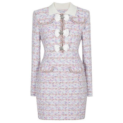 Check Knit Mini Dress Long Sleeve Slim Fit Short Dress