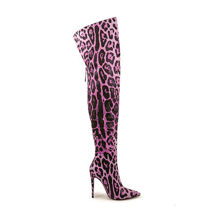 Pink leopard print over the knee boots with a sleek design and high stiletto heel