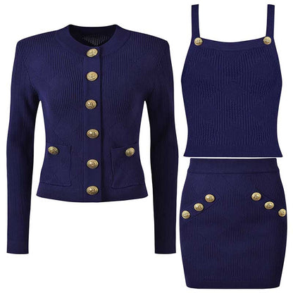 Chic Knit Vest Skirt Suit With Cardigan 3 Pieces Set